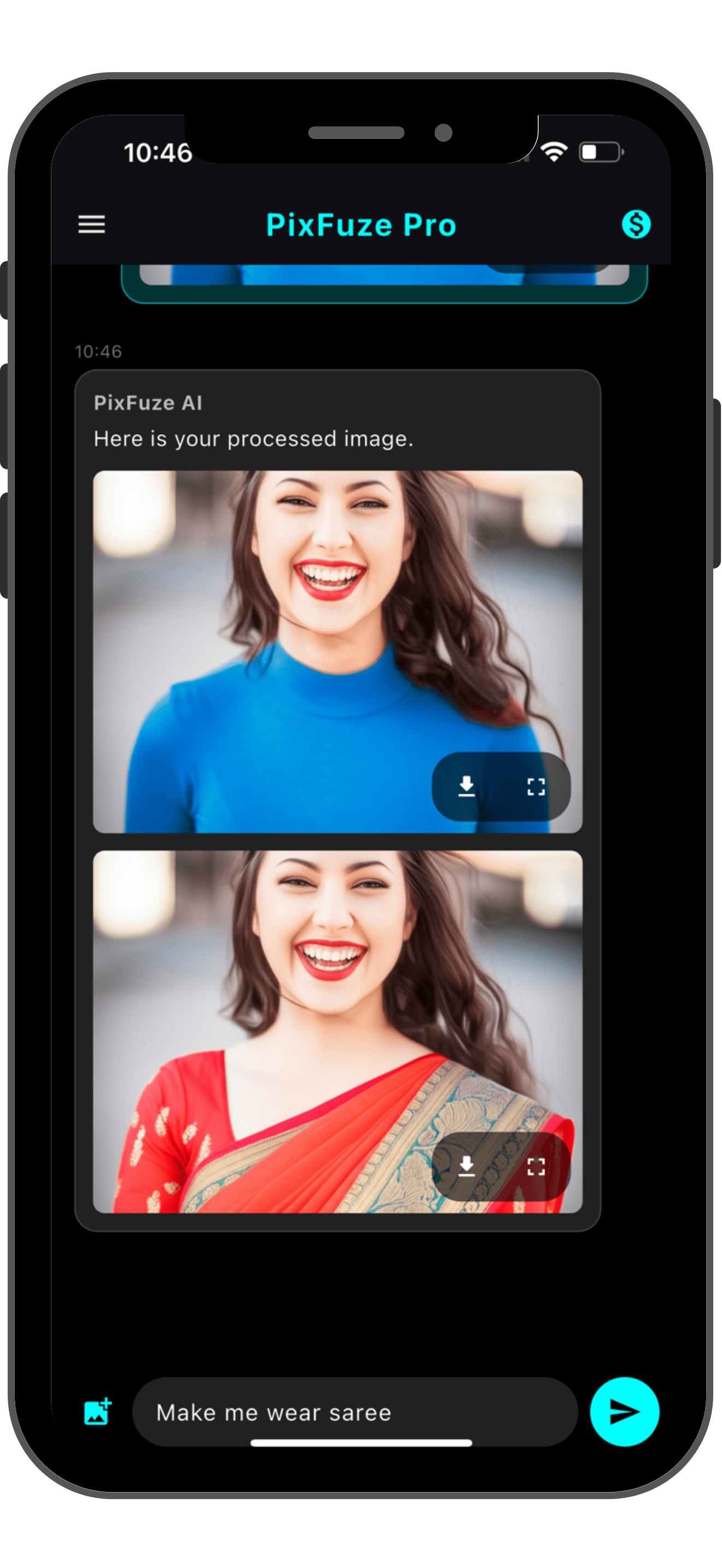 AI outfit swap showing transformation to traditional saree